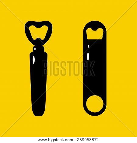 Vector Illustration Icons Of Bottle And Glass. Black Silhouette On A Bright Yellow Background. Brew,