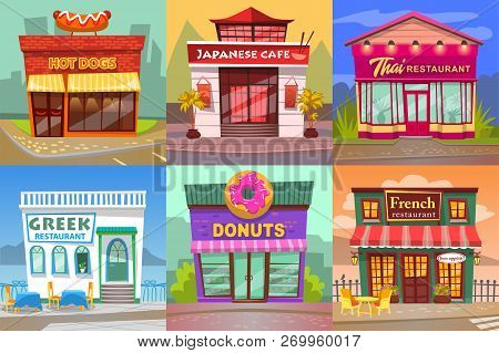 Set Of Cafe And Restaurant Building View From The Street. Japanese And French, Thai And Greek Cuisin