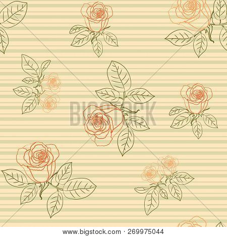 Seamless Pattern With Roses On Striped Background. Vector Illustration.