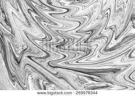 Digital Dark Grey Background With Spread Liquify Flow. Black And White Color Liquifying Pattern.