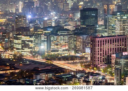 Aerial Sunset and Night view of Seoul Downtown cityscape in South Korea
