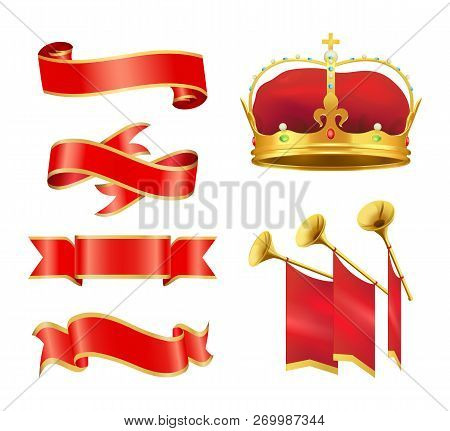 Leader Velvet Crown With Gold Band, Fanfare Musical Instrument With Flag And Glossy Ribbons. Vector 