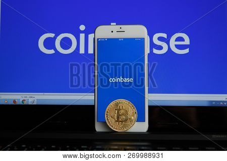 Tula, Russia - August 28, 2018: Coinbase - Buy Bitcoin And More, Secure Wallet Mobile App On The Dis