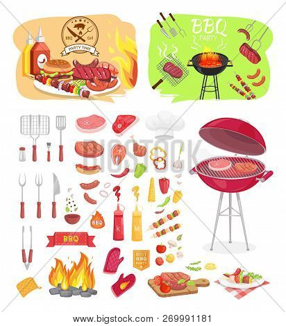 Bbq Grill Party Time Isolated Icons Set Vector. Grilling Grid For Meat Roasting. Served Beefsteak Wi