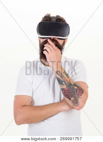 Man Wearing Virtual Reality Goggles In White Background. Man Using Virtual Reality Headset. Vr Devic