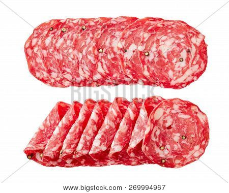 Spanish Salchichon, Salami Sausage Slices Isolated On White Background, View From Above, Flat Lay, C