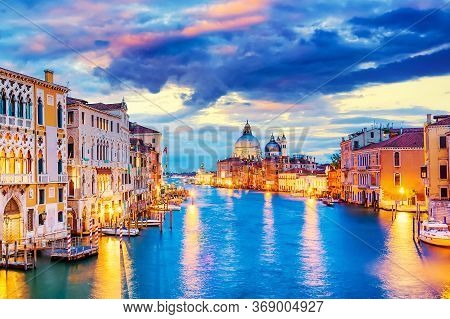 Basilica Santa Maria Della Salute, Punta Della Dogona And Grand Canal At Blue Hour Sunset In Venice,