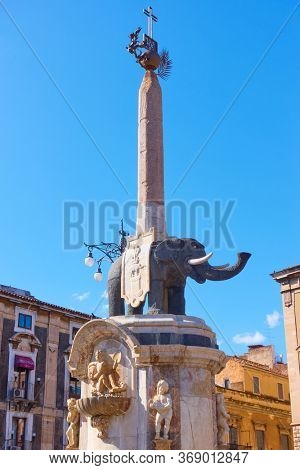 Black elephant with obelisk on its back in Piazza del Duomo in Catania - symbol of the city of Catania, Italy. Giovanni Battista Vaccarini, 1736
