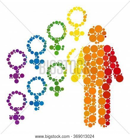Harem Symbol Composition Icon Of Spheric Blots In Various Sizes And Spectrum Color Tints. A Dotted L