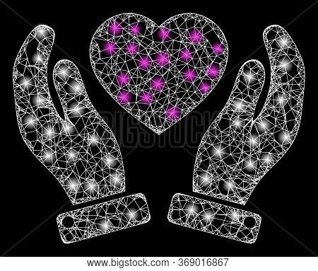 Bright Web Mesh Valentine Heart Care Hands With Glowing Spots. Illuminated Vector 2d Model Created F