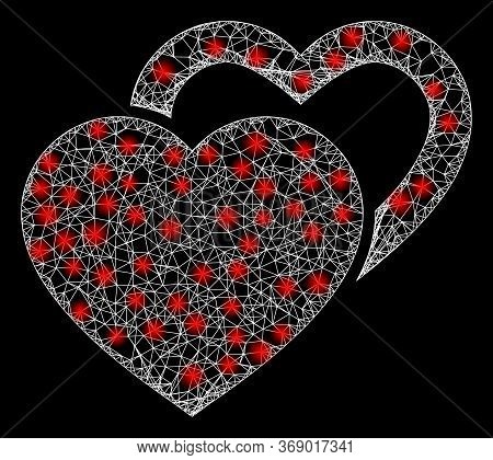 Glowing Web Network Valentine Hearts With Glowing Spots. Illuminated Vector 2d Model Created From Va