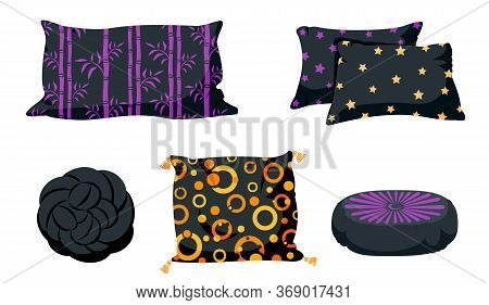 Black Pillow Flat Cartoon Set. Pillows Square, Knot With Tassels, Pillow Pouffe Mockup Template. Fea