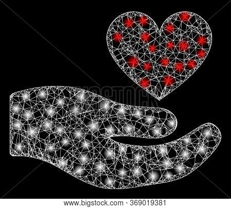 Bright Web Network Palm Offer Love Heart With Glowing Spots. Illuminated Vector 2d Constellation Cre