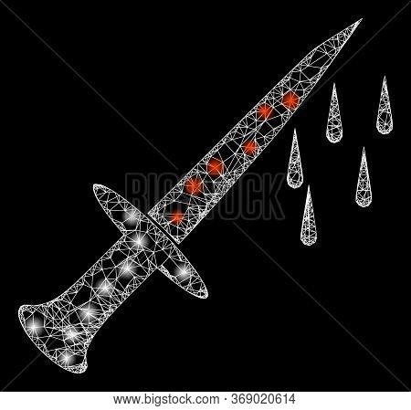 Glare Web Mesh Blood Sword With Lightspots. Illuminated Vector 2d Model Created From Blood Sword Ico