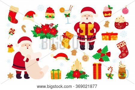 Christmas And New Year Set. Holly, Cupcake, Bell, Hat, Santa And Cookies Gift, Lollipop Candle, Cock