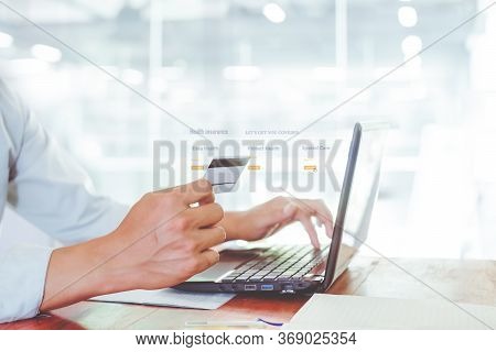 Concept Online Payment With Cradit Card. Hand Of Men Using Laptop For To Payment Make Online Health 