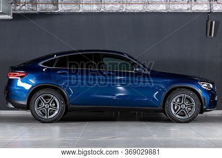 Novosibirsk/ Russia - April 28, 2020:  Blue Mercedes-benz Glc-class,  Side View.  New Expensive Cros