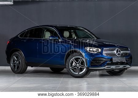 Novosibirsk/ Russia - April 28, 2020:  Blue Mercedes-benz Glc-class,  Front View.  New Expensive Cro