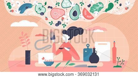 Cooking Vector Illustration. Woman Thinking New Recipe Flat Tiny Person Concepts. Creative Gastronom
