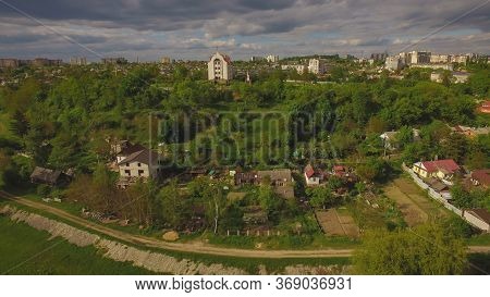 Aerial View To Old Town Of Zhytomyr And Ruins Of The Medieval Royal Castle At The Hill, Ukraine.