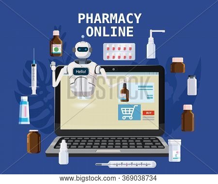 Online Pharmacy Store Pharmacept Chat Bot Offers Drugs Pills Bottles. Laptop Consept Site Healthcare
