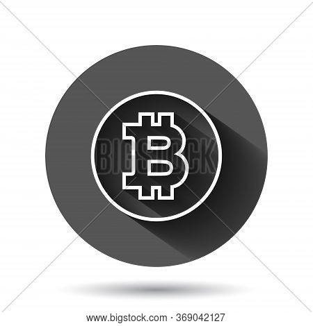 Bitcoin Icon In Flat Style. Blockchain Vector Illustration On Black Round Background With Long Shado