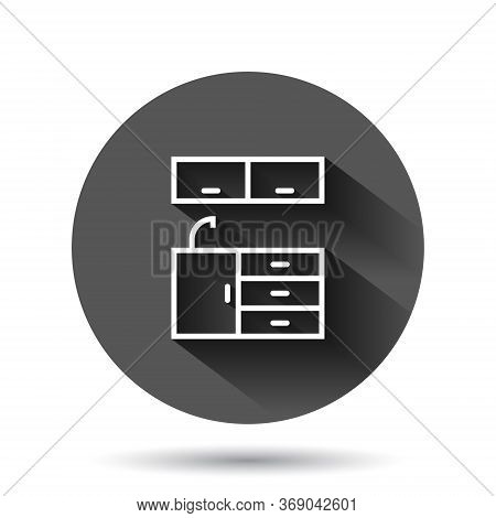Kitchen Furniture Icon In Flat Style. Cuisine Vector Illustration On Black Round Background With Lon