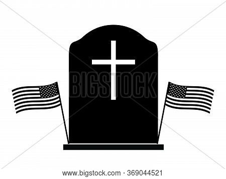 Memorial Day Tombstone With Two Us Flags. Black And White Pictogram Depicting Tombstone With Two Ame