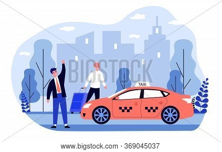 Happy Businessman Taking Taxy. Luggage, Cab, Transport To Airport Flat Vector Illustration. City Tra