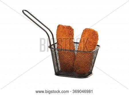 Dutch Traditional Snack Kroket In A Small Basket, Isolated