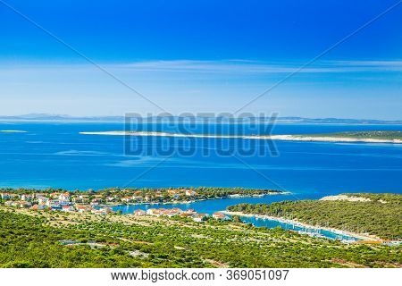 Croatia, Village Of Simuni On The Island Of Pag, Panoramic View Of Beautiful Adriatic Seascape And M