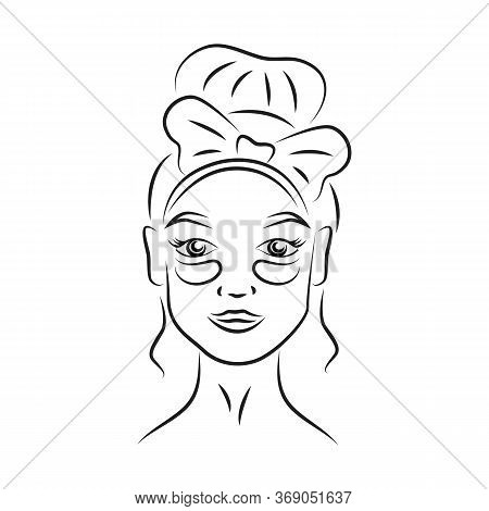 Woman With Under Eye Patches Contour Portrait Vector Illustration. Girl Face With Anti Aging Skincar