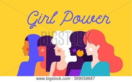 Girl Power. Modern Flat Character. Simple Character Of Woman Lady Of Different Nationalities, Races,