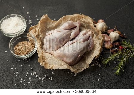 Raw Partridge Meat On Kitchen, Cooking Gourmet Wild Bird. Healthy Diet Recipe.