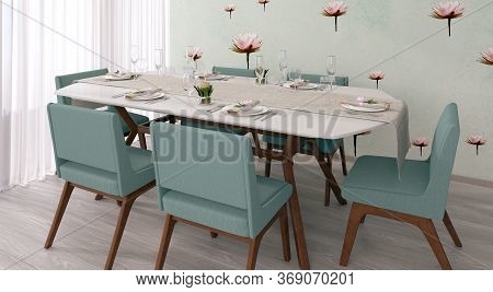 3d Rendering Of A Modern And Sophisticated Dining Room With Unique Lilies. Modern Interior Of A Dini