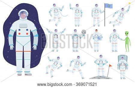 Cosmonaut Costume. Professional Clothes Of Astronaut Vector Flat Characters In Action Poses. Astrona
