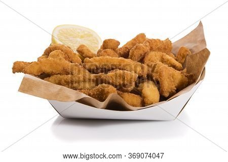 Takeaway Box Of Rabas, Fried Squid With Lemon Isolated On White.