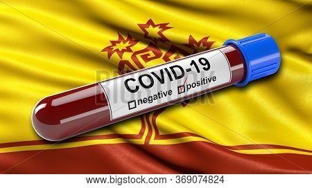 Flag of the Chuvash Republic (Chuvashia) waving in the wind with a positive Covid-19 blood test tube. 3D illustration concept for blood testing for diagnosis of the new Corona virus.