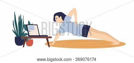 Active Woman Training At Home Watching Tutorial Video On Laptop Vector Flat Illustration. Happy Fema