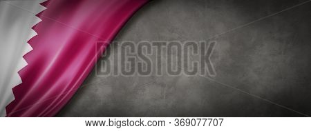 Qatar Flag On Concrete Wall. Horizontal Panoramic Banner. 3d Illustration
