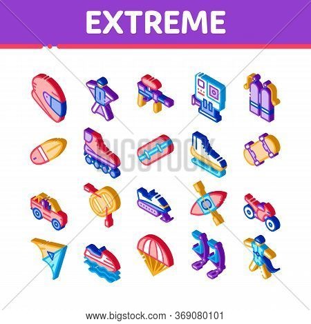 Extreme Sport Activity Icons Set Vector. Isometric Bike And Crash Helmet, Parachute And Hang-glider 