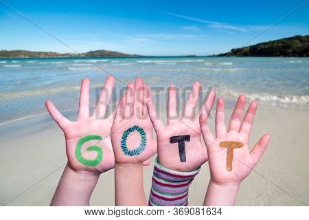 Children Hands Building Word Gott Means God, Ocean Background