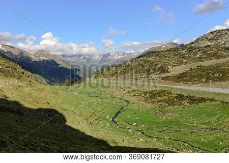 Beautiful View Hiking In The Andorra Pyrenees Mountains In Ordino, Near The Lakes Of Tristaina.