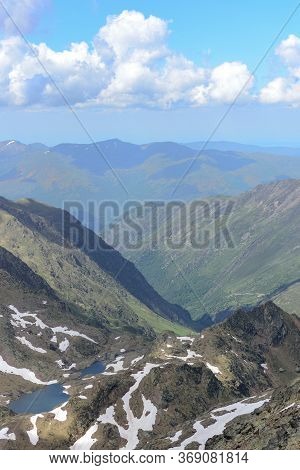 Beautiful View Hiking In The Andorra Pyrenees Mountains In Ordino, Near The Lakes Of Tristaina.
