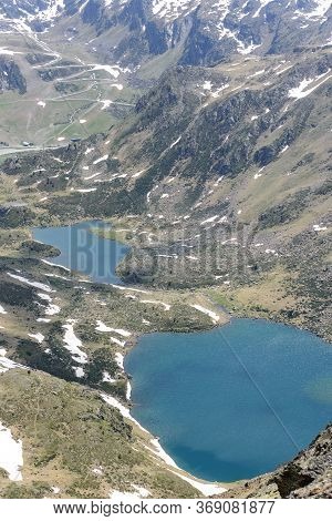 Beautiful View Hiking In The Andorra Pyrenees Mountains In Ordino, Near The Lakes Of Tristaina.