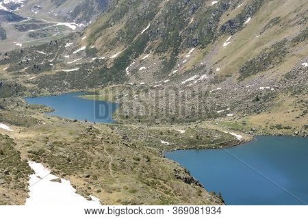 Beautiful View Hiking In The Andorra Pyrenees Mountains In Ordino, Near The Lakes Of Tristaina.