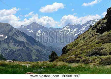 Beautiful View Hiking In The Andorra Pyrenees Mountains In Ordino, Near The Lakes Of Tristaina.