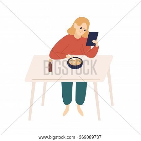 Happy Woman Surfing Internet Watching At Tablet During Eating Food Vector Flat Illustration. Colorfu
