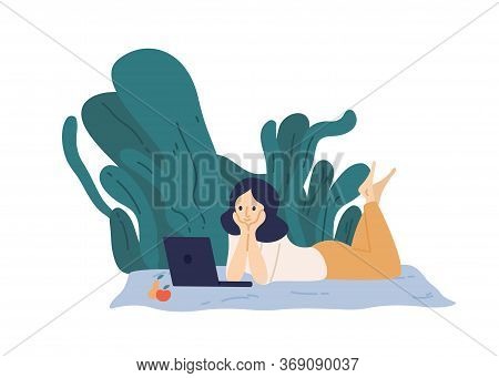 Relaxed Woman Lying On Plaid At Park Watching Video On Laptop Vector Flat Illustration. Cute Female 