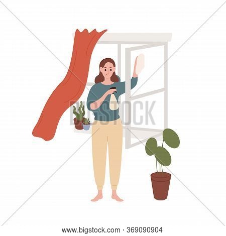Smiling Housewife Cleaning Window At Home Vector Flat Illustration. Cute Female Enjoying Housework I